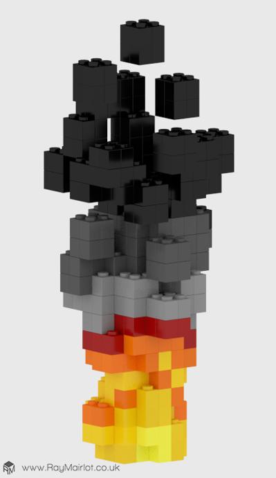 A render of a fire with smoke made of lego bricks. The bricks at the bottom are yellow and orange, and at the top they are grey and black.